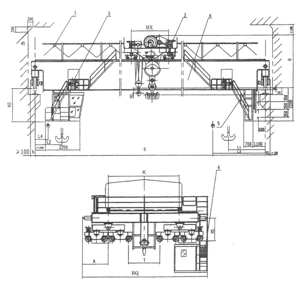 QD型吊鉤橋式起重機外形尺寸圖（125/32、160/50、200/50、250/50噸）