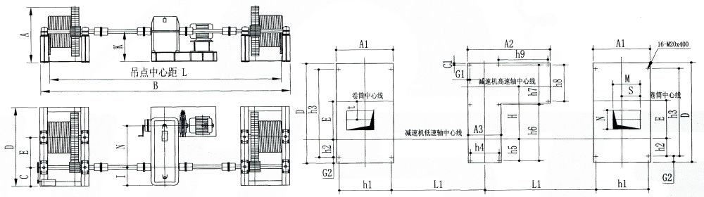QH單繩三支點系列弧形門卷揚式啟閉機外形及基礎(chǔ)布置示意圖.jpg